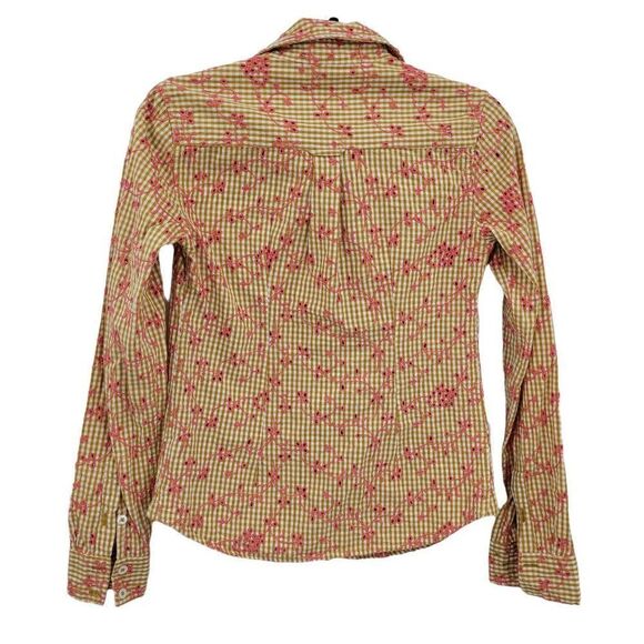 Odille Top Button Up Cottagecore Gingham Eyelet Floral Embroidered Mustard Sz 0 - Picture 2 of 9